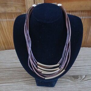 Cute brown leather strings w/long gold tone beads necklace